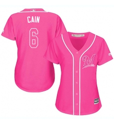 Women's Majestic Milwaukee Brewers #6 Lorenzo Cain Authentic Pink Fashion Cool Base MLB Jersey