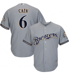 Youth Majestic Milwaukee Brewers #6 Lorenzo Cain Replica Grey Road Cool Base MLB Jersey