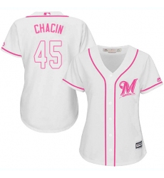 Women's Majestic Milwaukee Brewers #45 Jhoulys Chacin Replica White Fashion Cool Base MLB Jersey