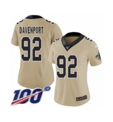 Women's New Orleans Saints #92 Marcus Davenport Limited Gold Inverted Legend 100th Season Football Jersey