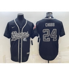 Men's Cleveland Browns #24 Nick Chubb Black Reflective With Patch Cool Base Stitched Baseball Jersey