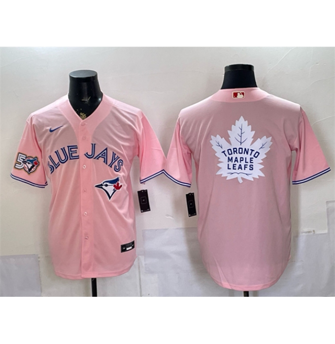 Men's Toronto Blue Jays & Leafs With White Leafs Logo Pink 50 Seasons Stitched Baseball Jersey