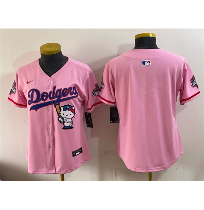 Women's Los Angeles Dodgers Blank Pink Hello Kitty Night 2025 World Series Champions Stitched Baseball Jersey(Run Small)