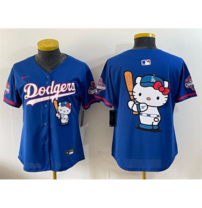 Women's Los Angeles Dodgers Team Big Logo Royal Hello Kitty Night 2025 World Series Champions Stitched Baseball Jersey(Run Small)