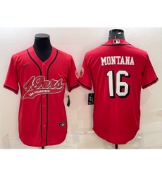 Men's San Francisco 49ers #16 Joe Montana Red Color Rush With Patch Cool Base Stitched Baseball Jersey