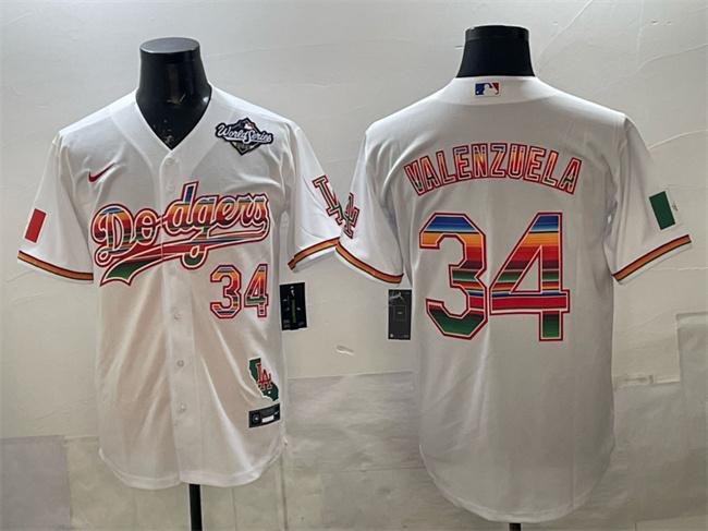 Men's Los Angeles Dodgers #34 Fernando Valenzuela White Mexico California 2025 World Series Patch Stitched Baseball Jersey